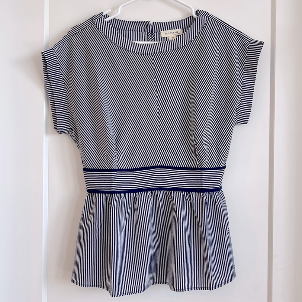 Monteau navy and white striped peplum blouse